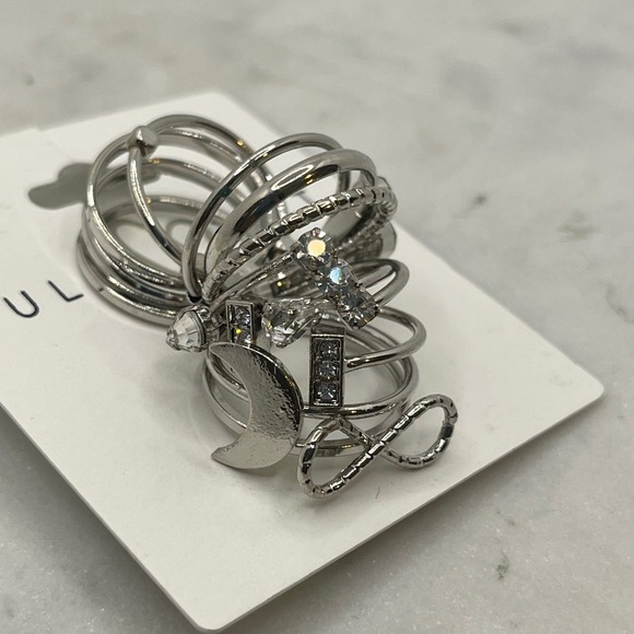 PacSun Full Tilt Ring Stack Silver Tone Moon Infinity Crystal New Jewelry Size 6 - Picture 2 of 4